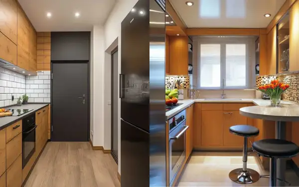 Cucina moderna con mobili in legno chiaro, piano di lavoro grigio e piastrelle bianche. Ottime idee cucina per spazi funzionali.