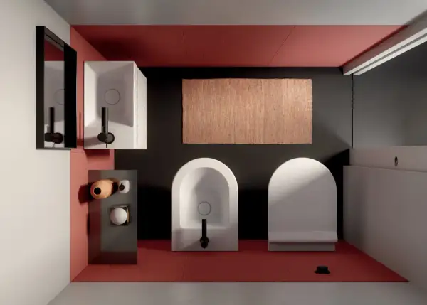 Bagno moderno con lavabo, bidet e water. La distanza tra i sanitari bagno è ottimale per un uso confortevole.