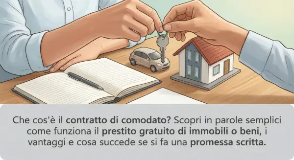 Scambio di chiavi per una casa in comodato d'uso. Sul tavolo, un'auto in miniatura, un quaderno aperto e una penna, pronti per formalizzare l'accordo.