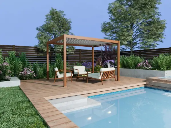 Pergola addossata in alluminio fai da te, con arredi da esterno e piscina.