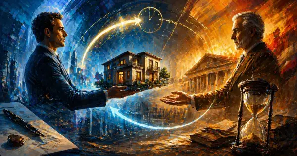 Due uomini si scambiano una casa, simboleggiando una vendita casa con riscatto. Un orologio e una clessidra indicano il tempo.